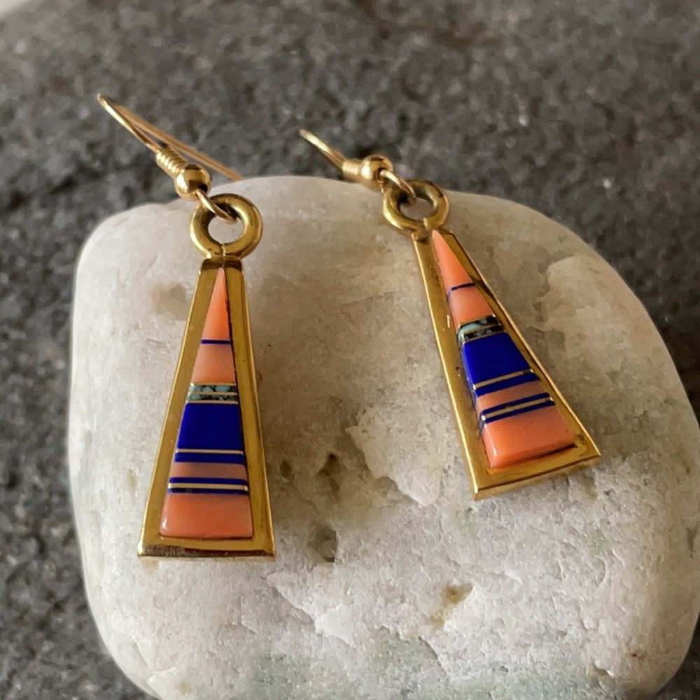 18K GOLD Zuni Native American Vintage Multi-stone Dangle Earrings - Picture 8 of 14